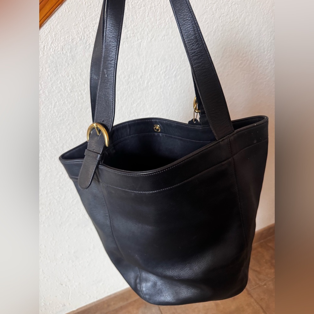 Coach Black Leather Tote Bag with Gold Accents